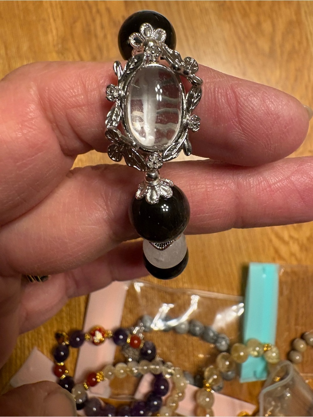 Black Bead Bracelet with Clear Accent and Silver Ornate Charm - Picture 2 of 2